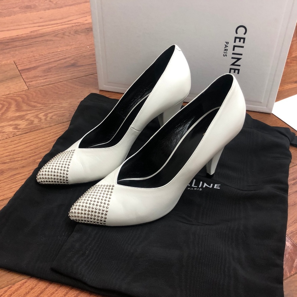 Celine Kidskin & Studded Toe Cap White Pump